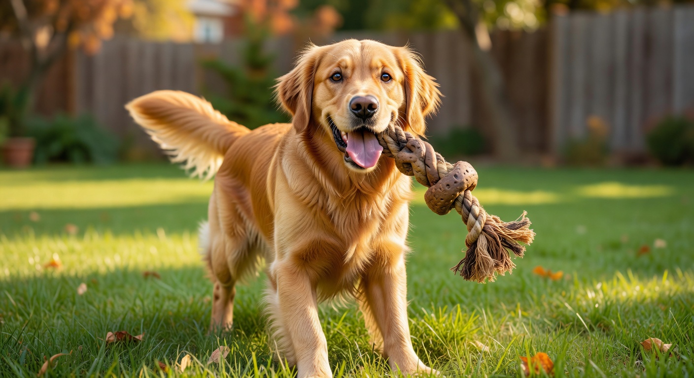 Happy dog playing with a durable chew toy